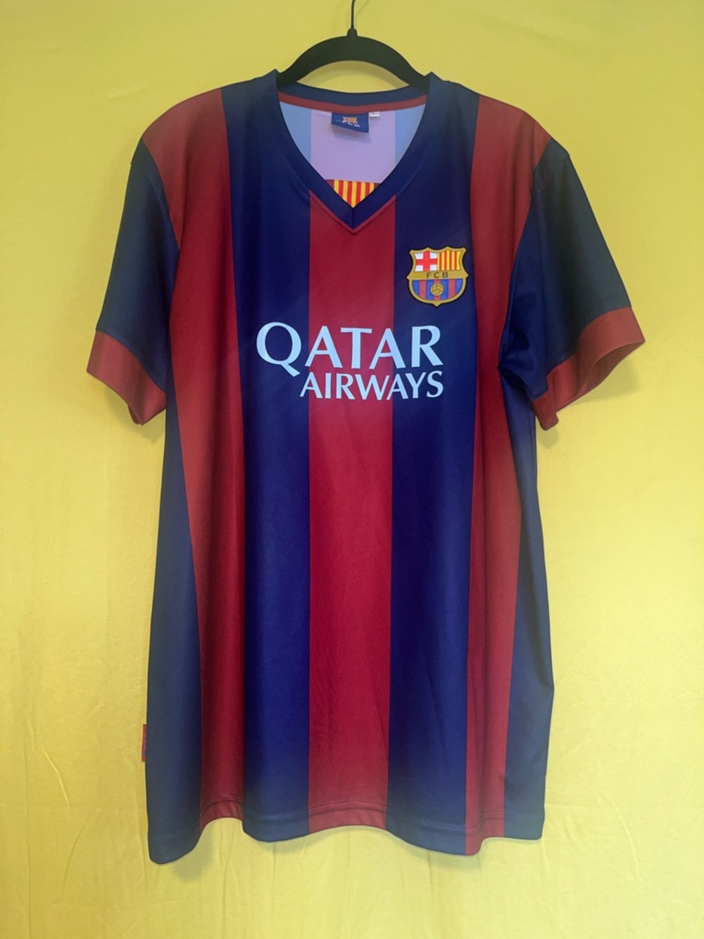 FC Barcelona Red and Blue Striped Short-Sleeve Jersey - Qatar Airways